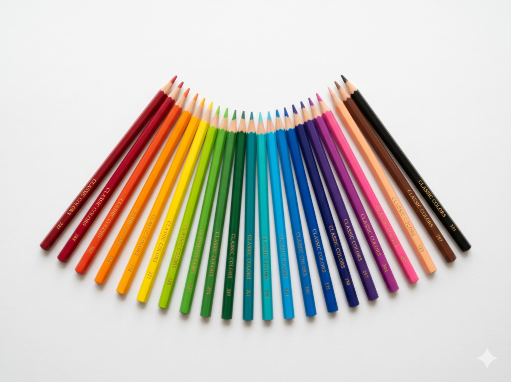 A brightly organized colored pencil set 24 pack, ideal for school-age kids learning to draw and shade.