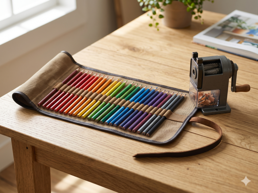 A canvas roll-up pouch demonstrating how to store colored pencils horizontally to keep them safe and break-resistant.