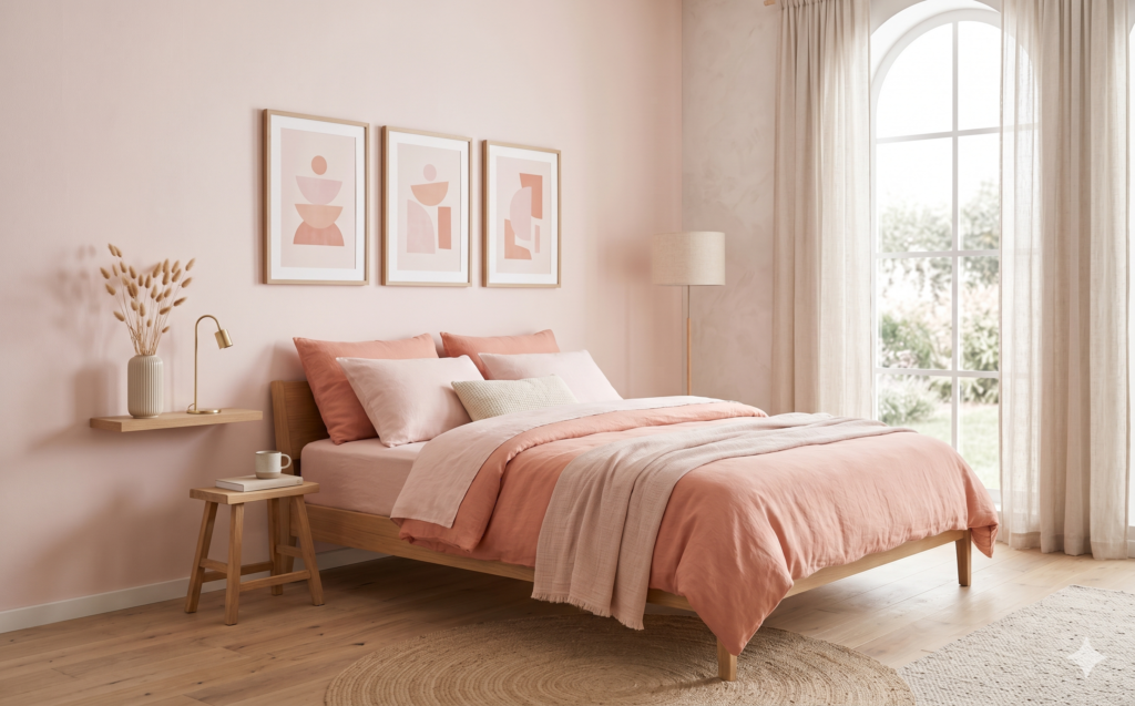  A minimalist bedroom interior using a monochromatic blush pink color palette for a calming and elegant atmosphere.
