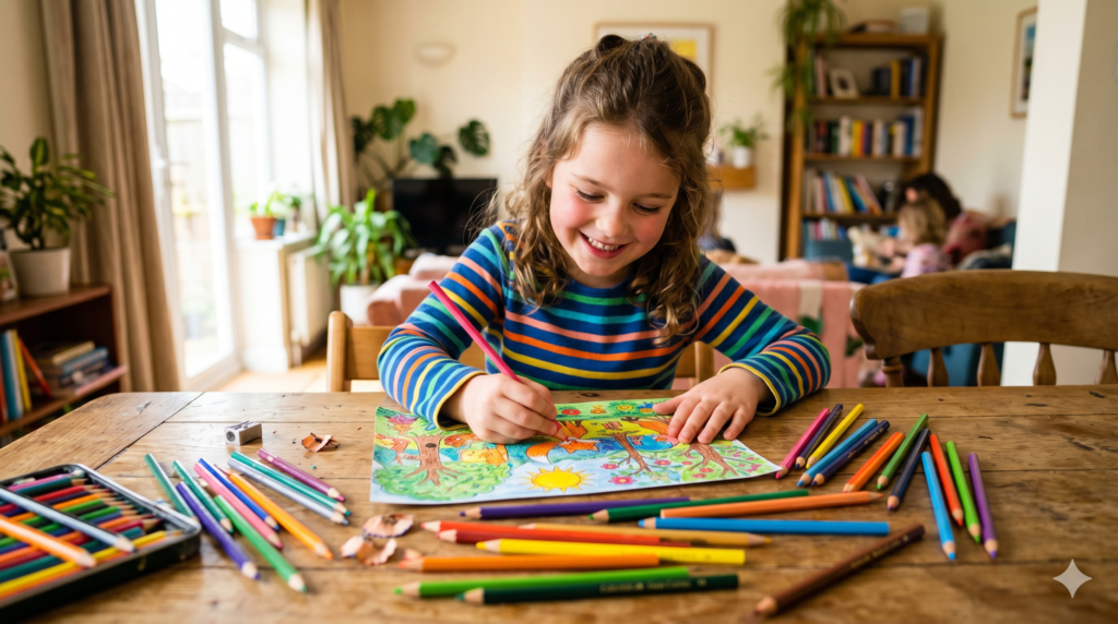A smiling child drawing at a desk with vibrant colored pencils, showcasing the best art supplies for kids.