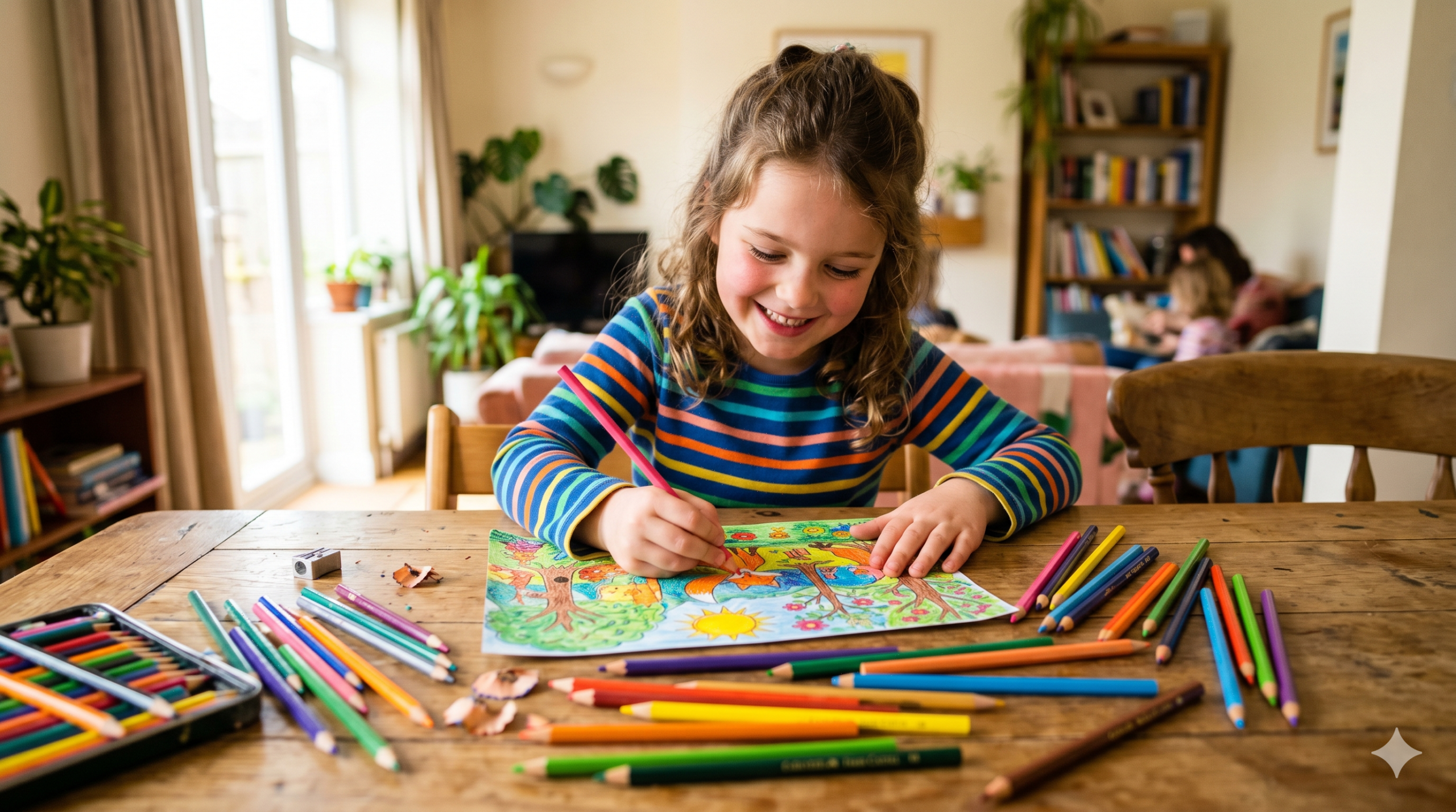 A smiling child drawing at a desk with vibrant colored pencils, showcasing the best art supplies for kids.