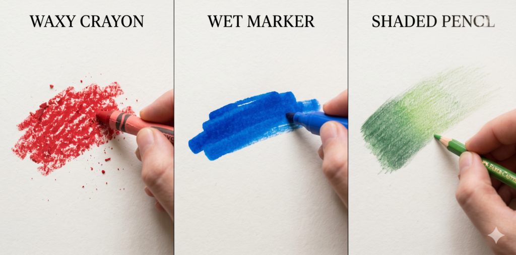 A visual comparison of art mediums showing crayons vs colored pencils and colored pencils vs markers on paper.
