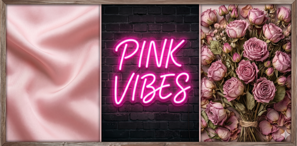A visual comparison of three pink shades soft blush silk for tenderness, a vibrant fuchsia neon sign for energy, and dusty rose petals for sophistication