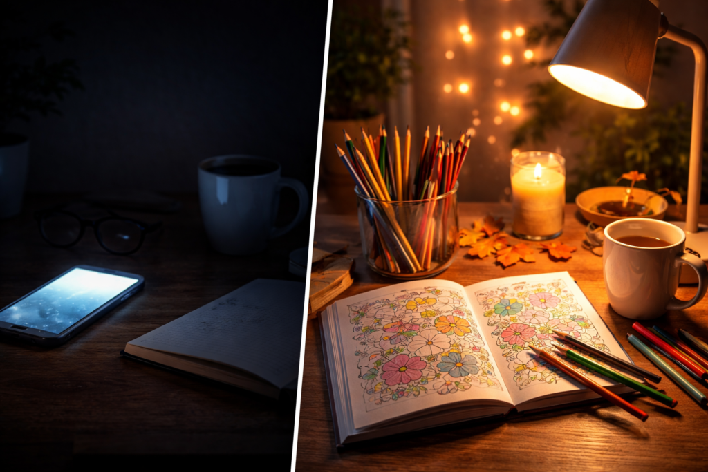 Cozy evening desk setup with coloring book and pencils — a screen-free hobby after work