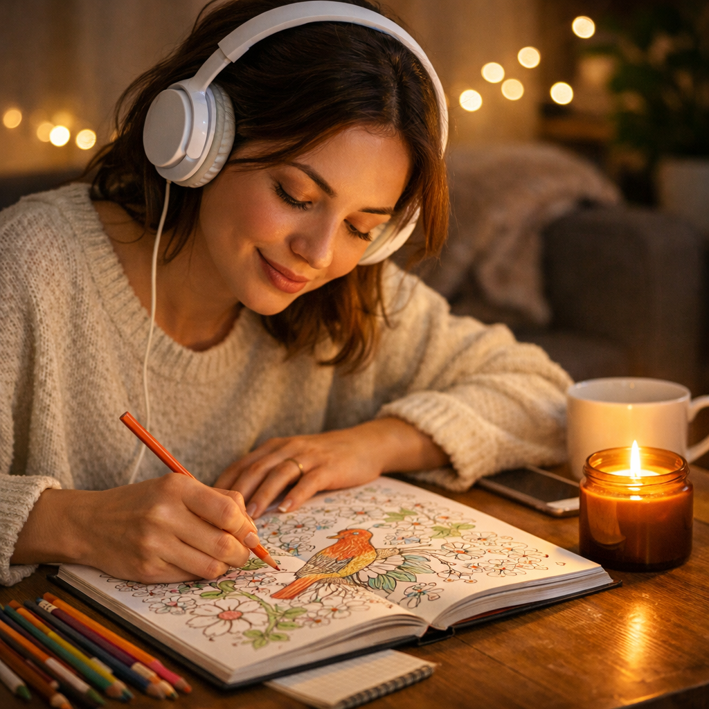 Adult following a self-care routine with a coloring book, headphones, and a lit candle in the evening
