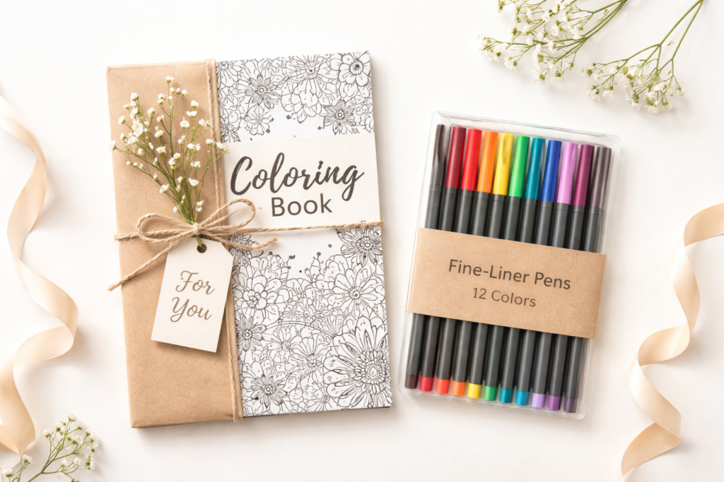 Coloring book and pen set styled as a gift — thoughtful coloring book gift for a stressed coworker