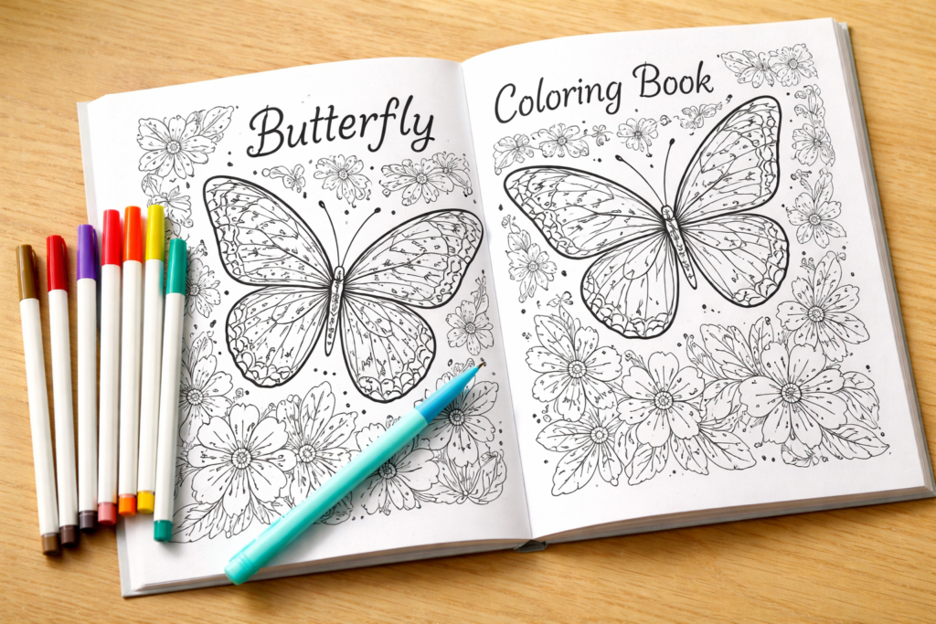 Butterfly coloring book open beside fine-liner pens — beginner stress relief coloring gift