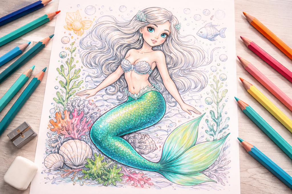 Detailed mermaid coloring page being colored with soft pencils — deep focus stress relief kit