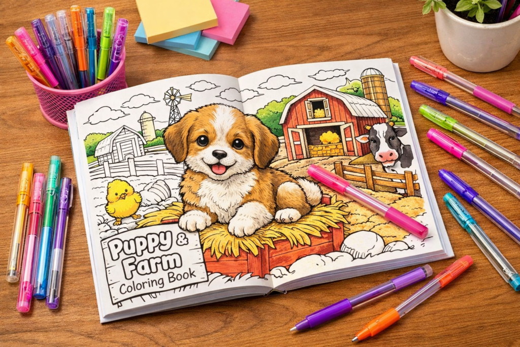Playful puppy coloring book on an office desk with gel pens — desk-side stress relief gift