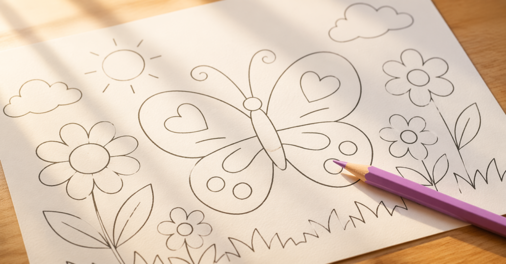 Open coloring book with a colored pencil resting on a blank page — start your stress relief coloring habit tonight