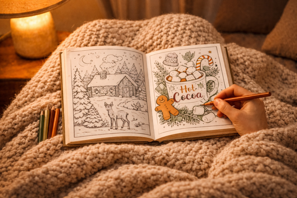 Person wrapped in a blanket coloring a cozy themed book beside a warm lamp — hygge coloring for relaxation