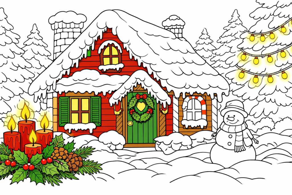 winter coloring book page with snow cabin illustration partially colored in warm festive tones