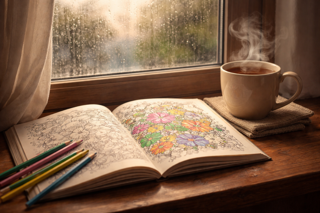 Cozy rainy day coloring book on a windowsill with raindrops on glass and a cup of steaming tea beside it