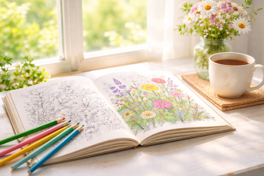 Cozy spring coloring book open to a wildflower meadow illustration in soft natural sunlight