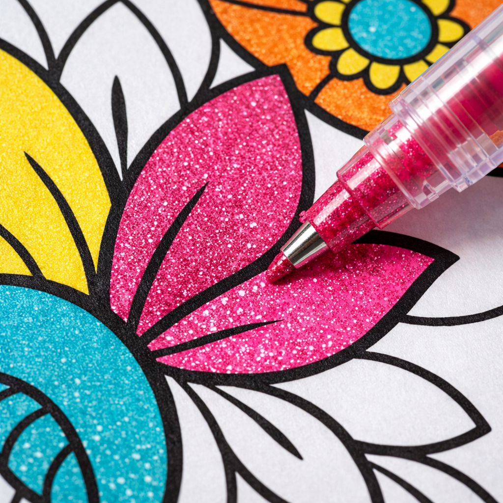 Close-up of a high-quality coloring book page being colored with a gel pen showing clean lines and no bleed-through