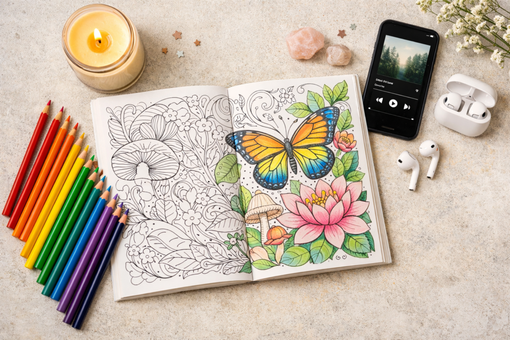 Coloring ritual flat-lay with seasonal coloring book, colored pencils, lit candle and earbuds for a relaxing session