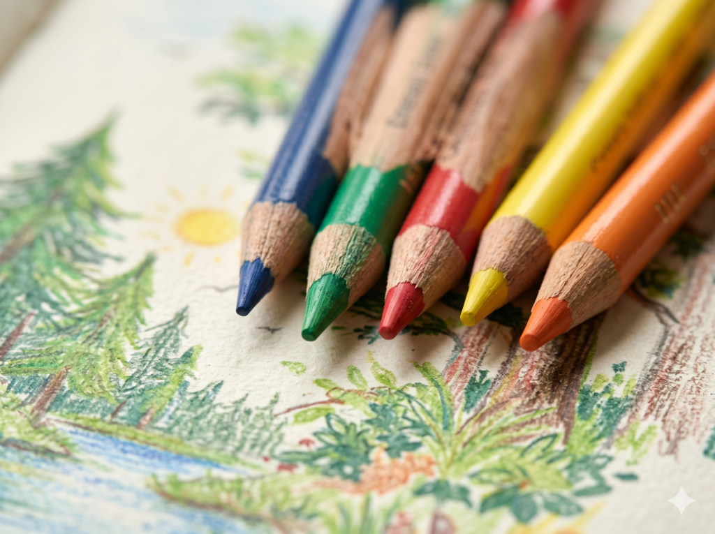 Close up of sharpened drawing pencils for children resting on a colorful sketchbook page.
