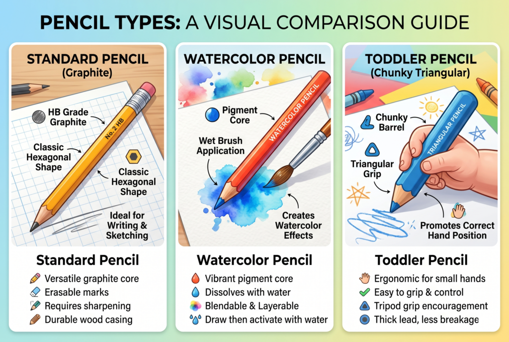 Examples of different types of colored pencils including wax-based colored pencils, watercolor pencils, and jumbo colored pencils for toddlers.