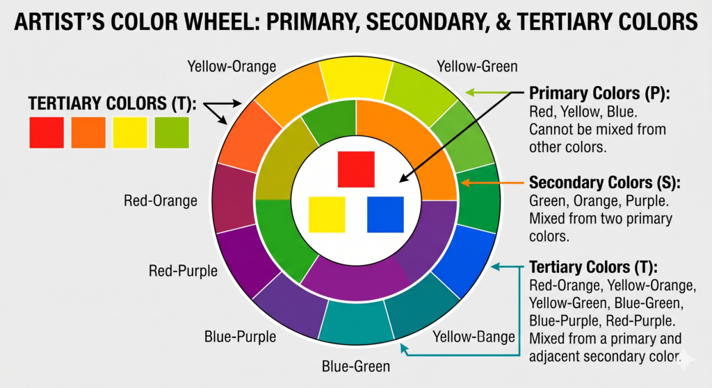 Image of a color wheel for artists showing primary, secondary, and tertiary colors