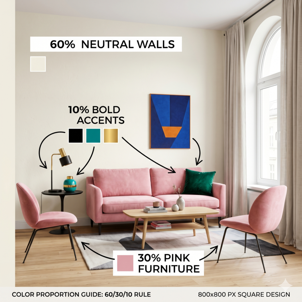  Interior design diagram illustrating the 60-30-10 rule with a neutral dominant color, pink secondary color, and bold accents.