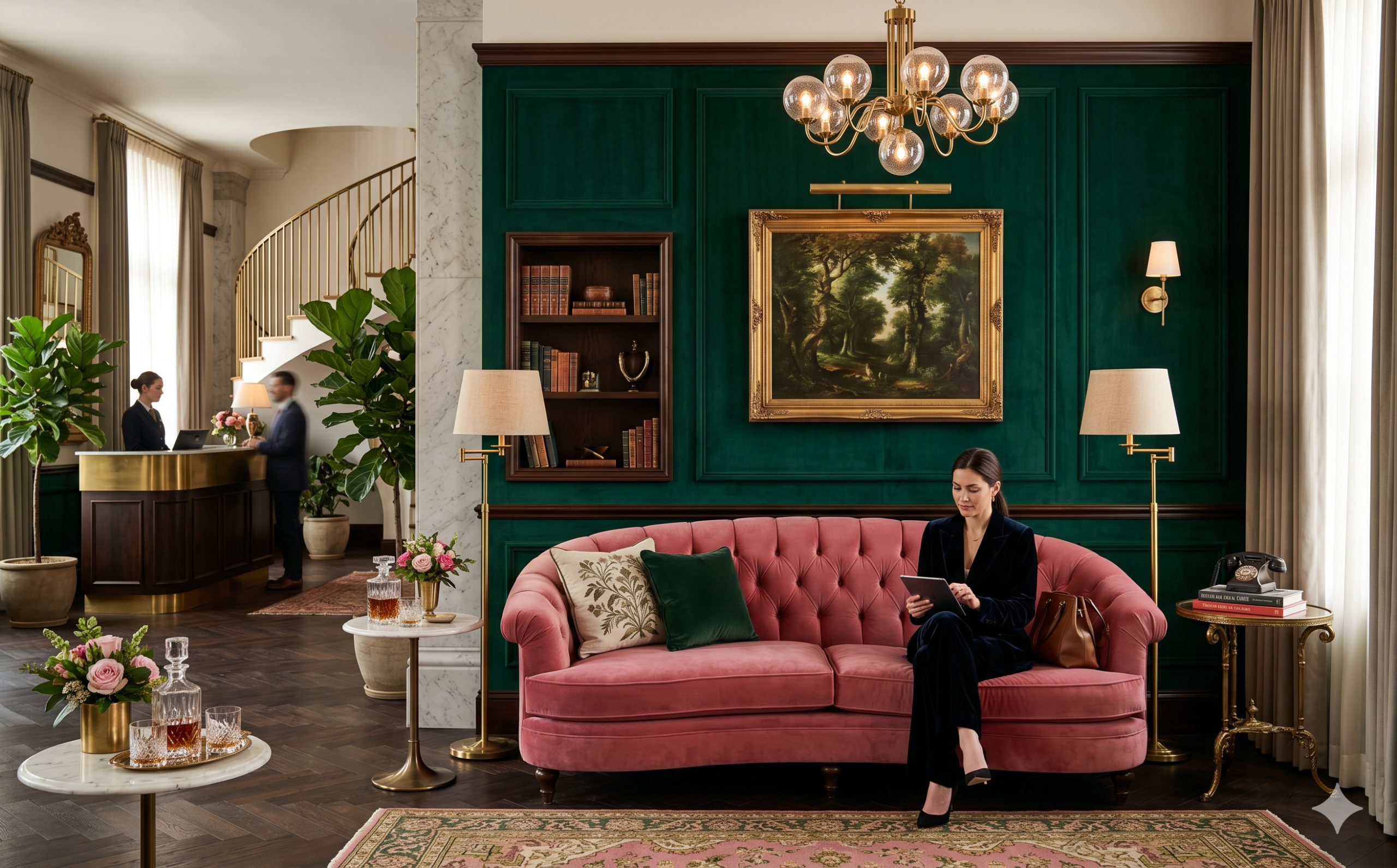Luxurious interior design featuring a light pink sofa against a dark emerald green wall, demonstrating high-contrast complementary colors.