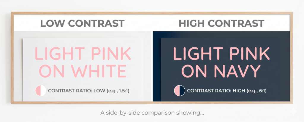 Web accessibility comparison showing hard-to-read light pink text on white versus readable pink text on a dark charcoal background.
