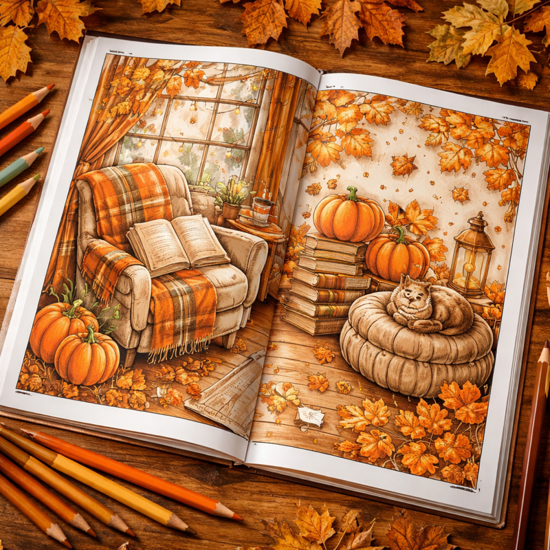 Cozy fall coloring book open to a pumpkin and autumn leaves page with warm-toned colored pencils nearby